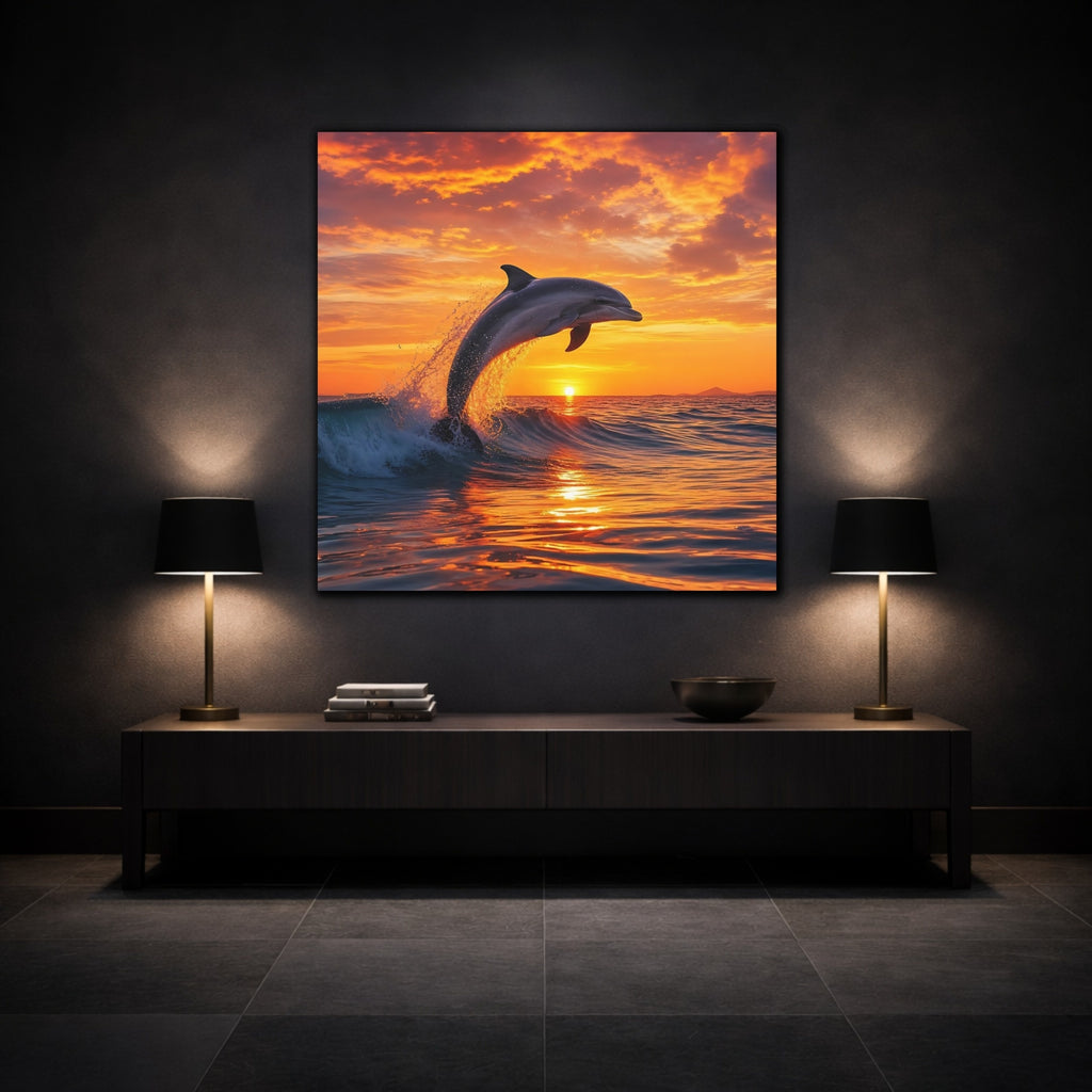 Mockup 3. Animals Dolphin Orange And Blue shown as stretched canvas wall art