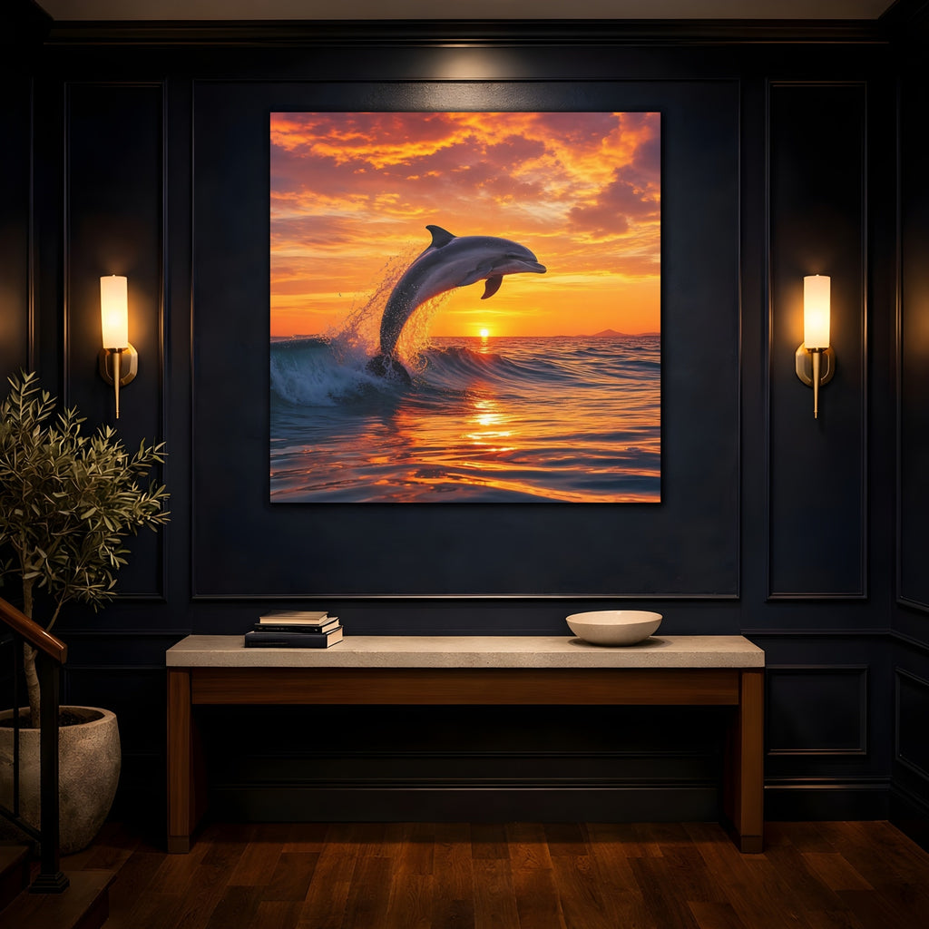 Mockup 4. Animals Dolphin Orange And Blue shown as stretched canvas wall art