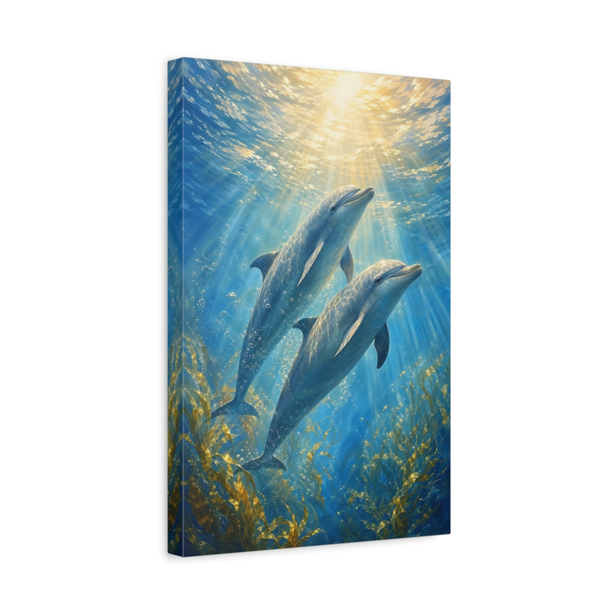 Side Mockup 4. Animals Dolphins Blue Dolphins shown as stretched canvas wall art