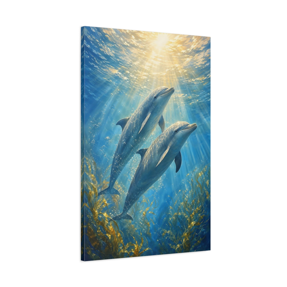 Main Mockup. Animals Dolphins Blue Dolphins shown as stretched canvas wall art