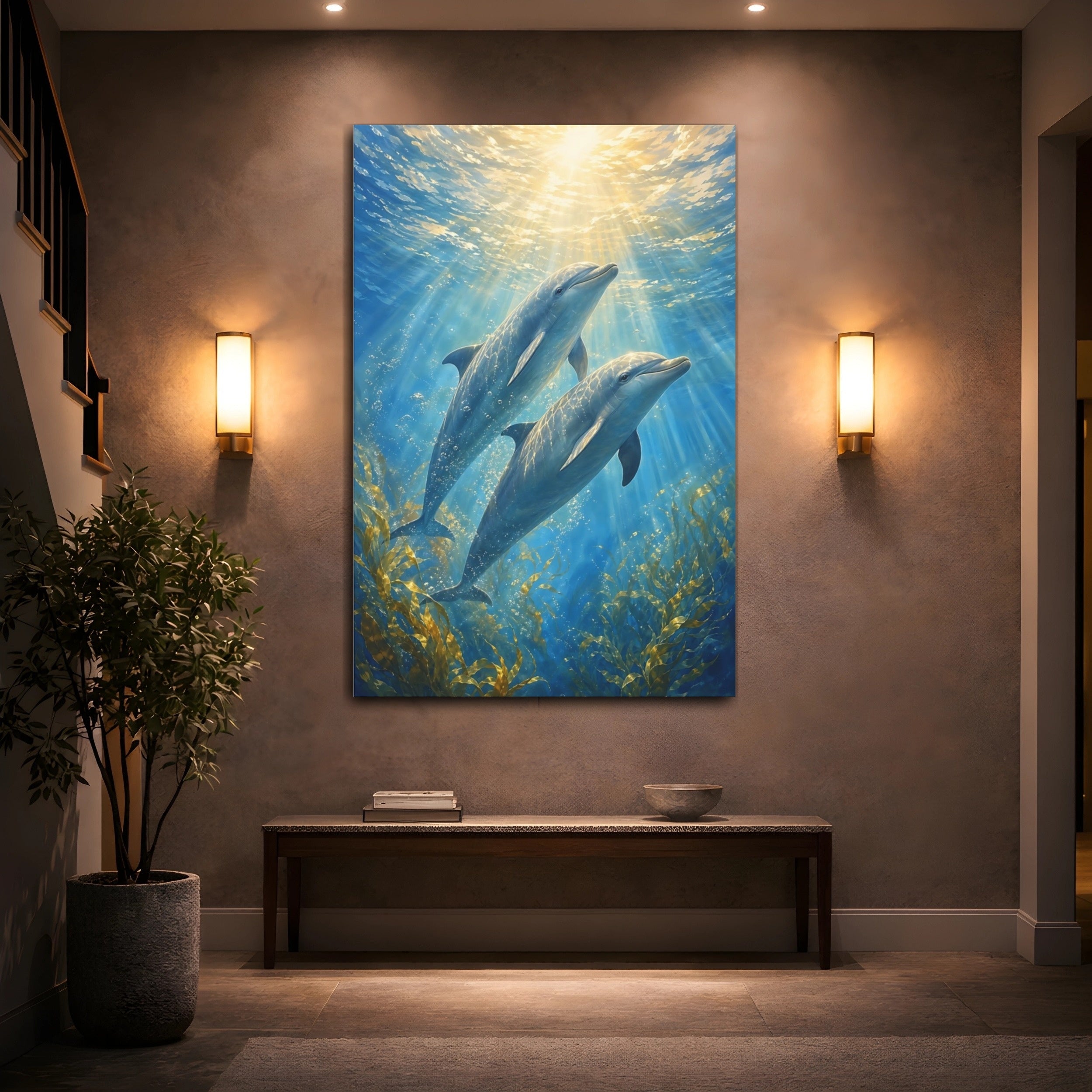 Mockup 2. Animals Dolphins Blue Dolphins shown as stretched canvas wall art