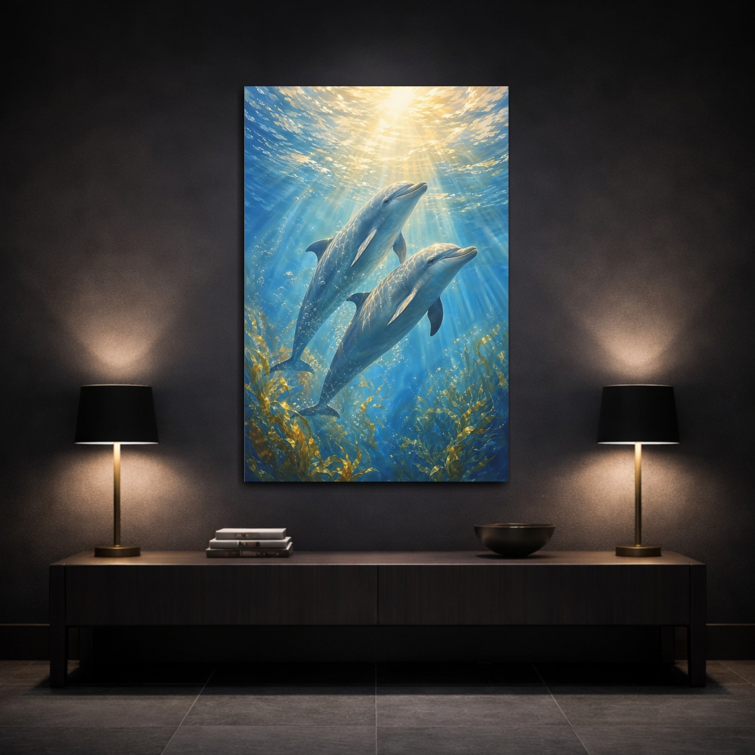 Mockup 3. Animals Dolphins Blue Dolphins shown as stretched canvas wall art