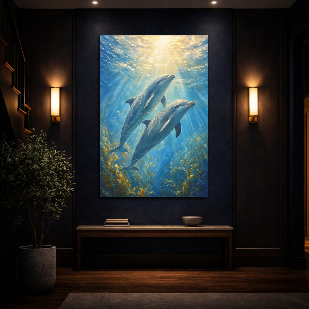 Mockup 4. Animals Dolphins Blue Dolphins shown as stretched canvas wall art