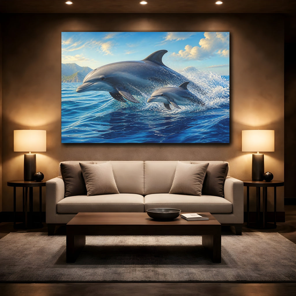 Mockup 2. Animals Dolphins Blue Ocean shown as canvas print