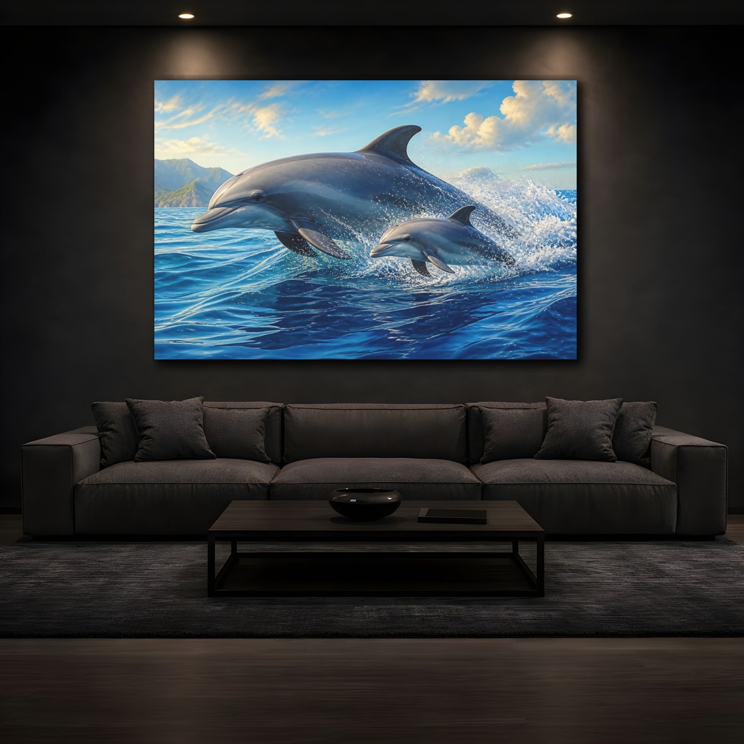 Mockup 3. Animals Dolphins Blue Ocean shown as canvas print
