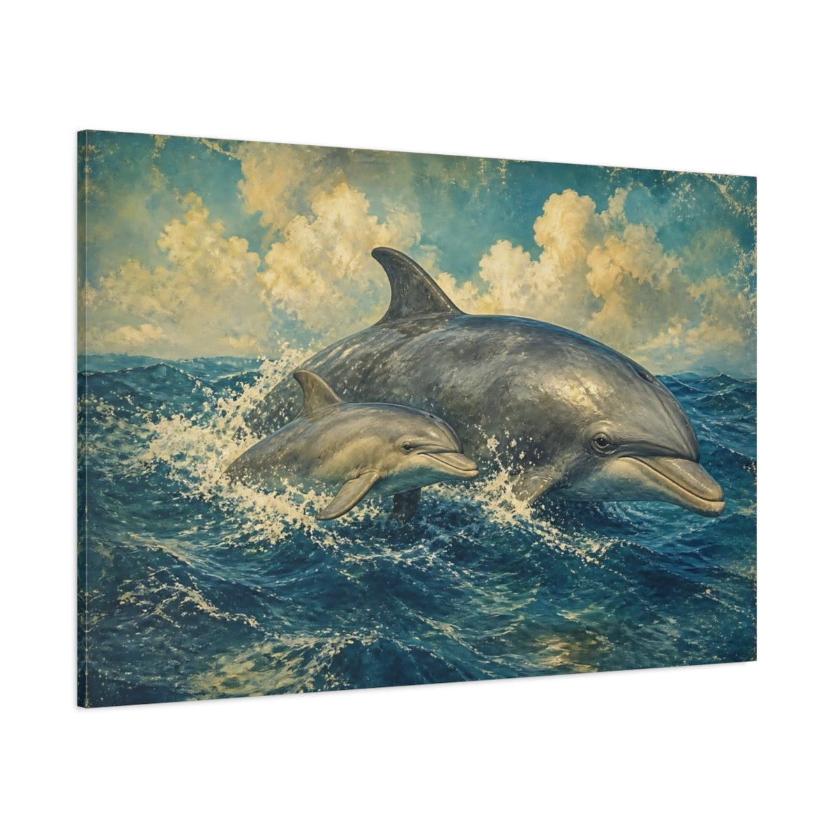 Side Mockup 1. Animals Dolphins Dolphins Blue Vintage shown as canvas print