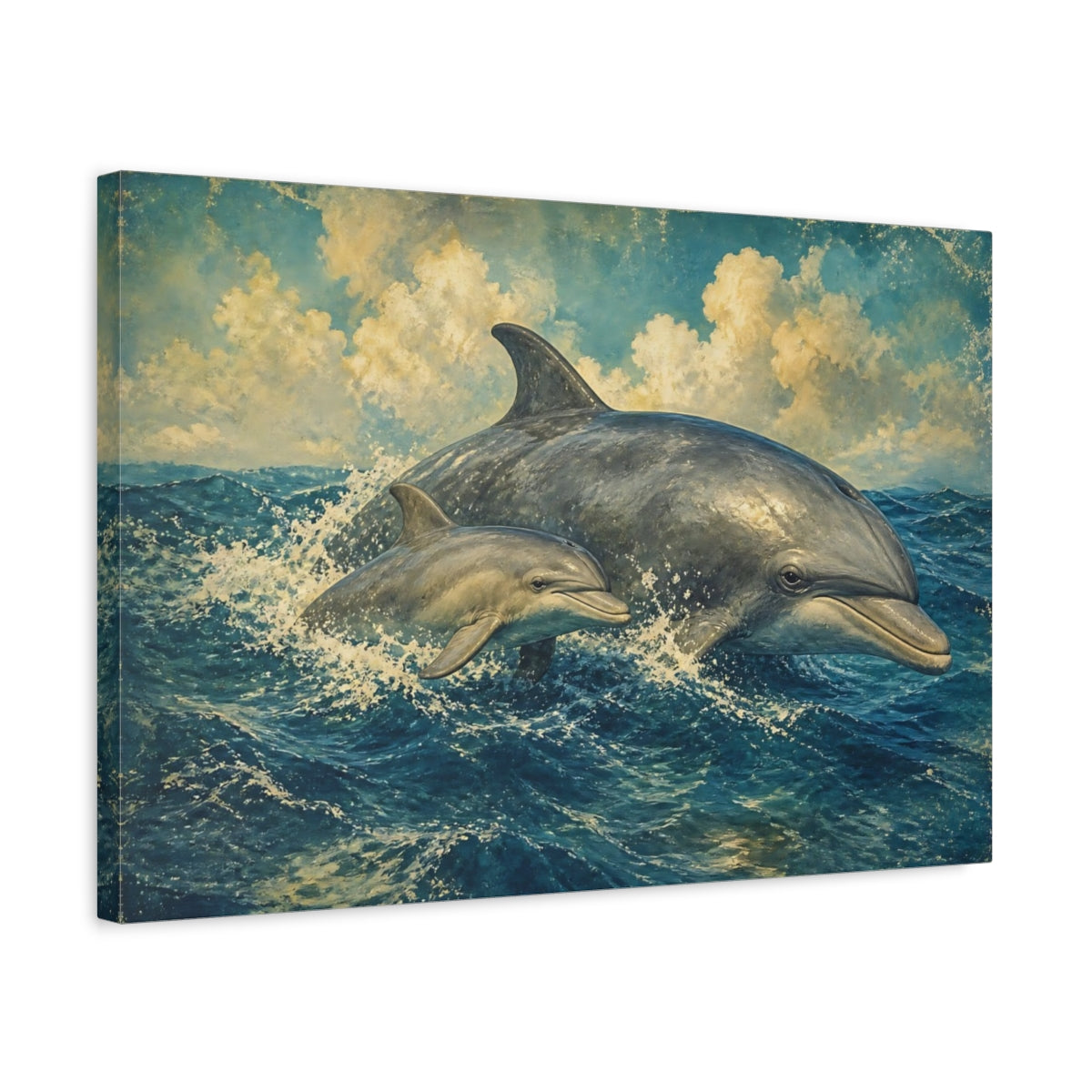 Side Mockup 3. Animals Dolphins Dolphins Blue Vintage shown as canvas print