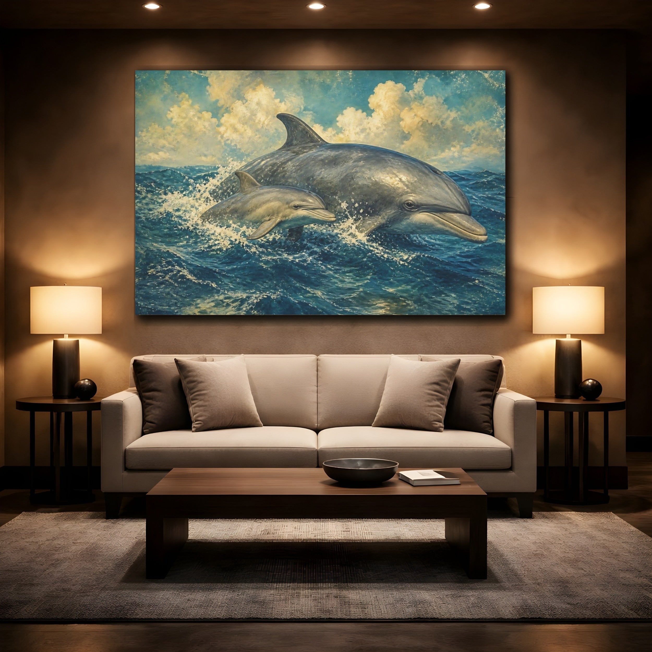 Mockup 2. Animals Dolphins Dolphins Blue Vintage shown as canvas print