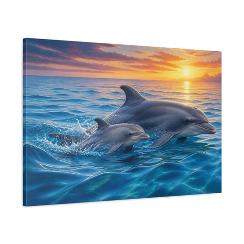 Main Mockup. Animals Dolphins Dolphins Sunset shown as stretched canvas wall art