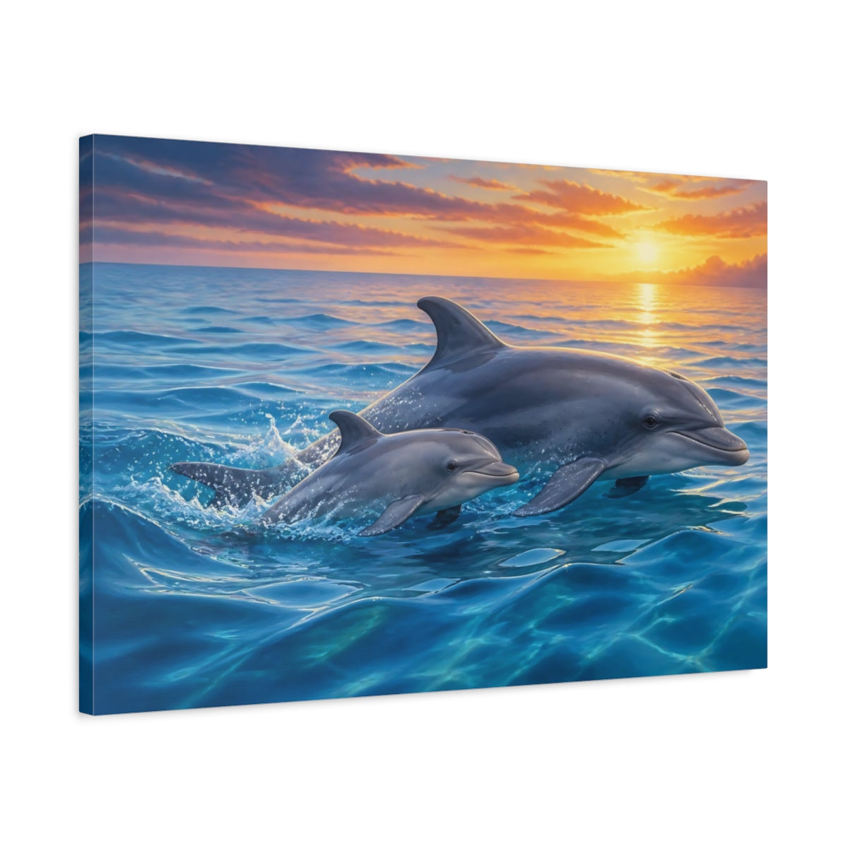 Side Mockup 2. Animals Dolphins Dolphins Sunset shown as stretched canvas wall art