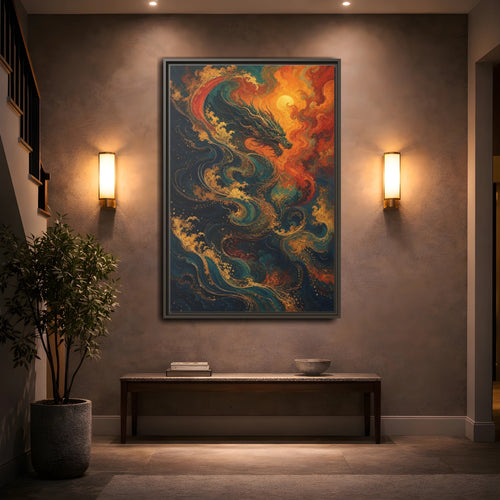 Mockup 2. Animals Dragon Blue Gold Dragon shown as stretched canvas wall art
