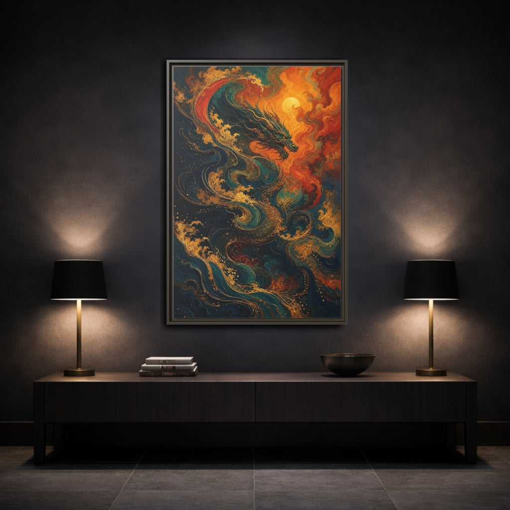 Mockup 3. Animals Dragon Blue Gold Dragon shown as stretched canvas wall art