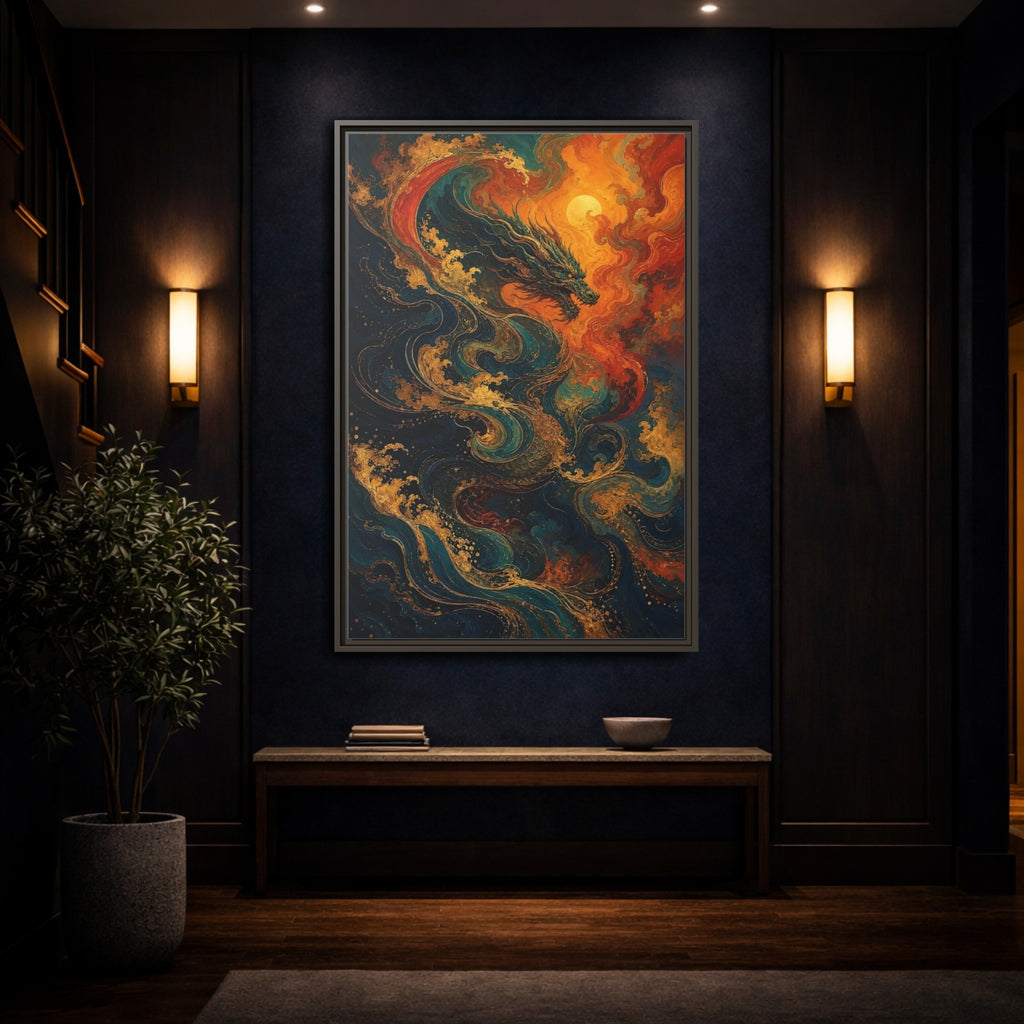 Mockup 4. Animals Dragon Blue Gold Dragon shown as stretched canvas wall art