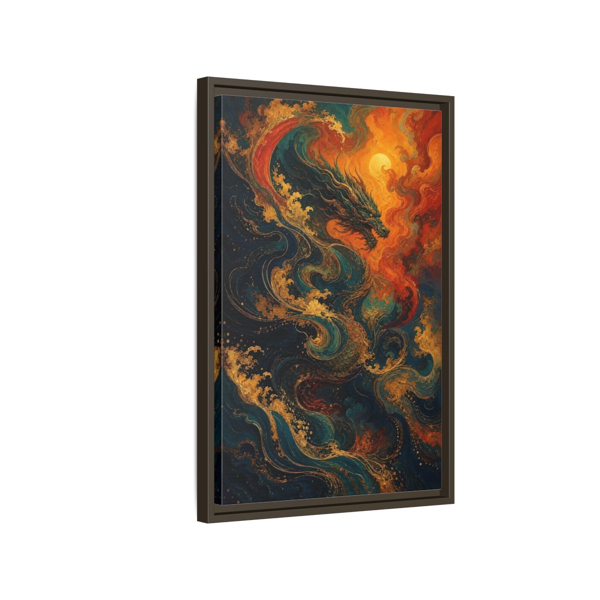 Side Mockup 2. Animals Dragon Blue Gold Dragon shown as stretched canvas wall art