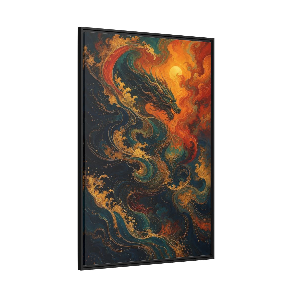 Side Mockup 12. Animals Dragon Blue Gold Dragon shown as stretched canvas wall art