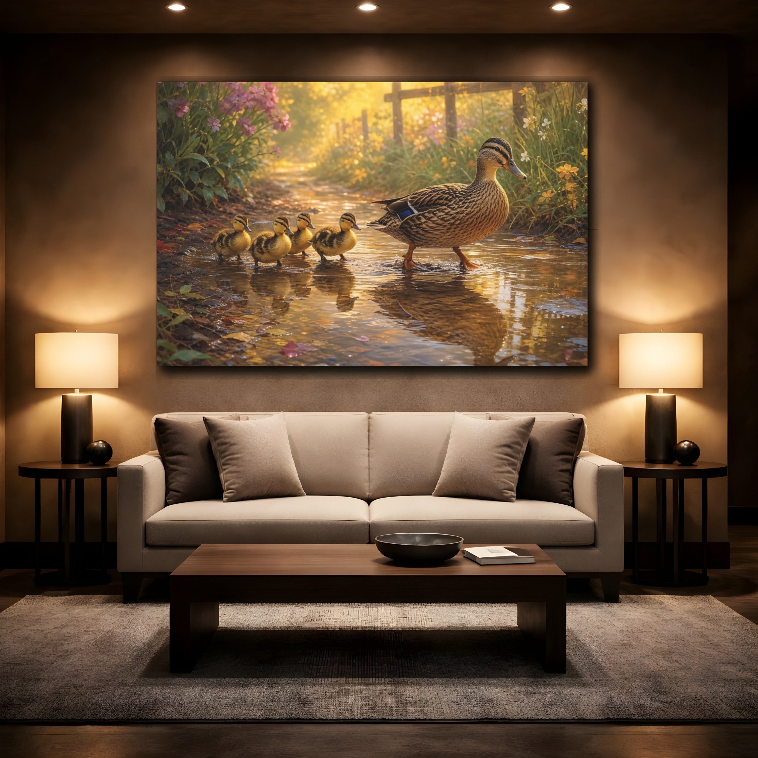 Mockup 2. Animals Duck Family Golden Duck Family shown as canvas print