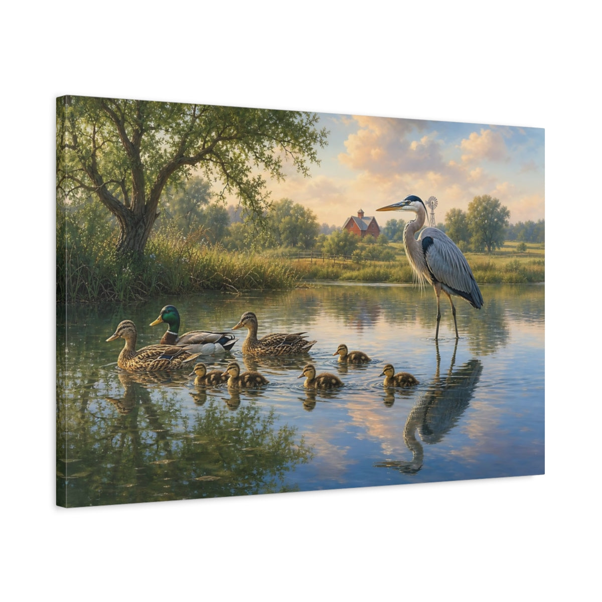 Side Mockup 2. Animals Ducks, Heron Pond Wildlife Scene shown as canvas print