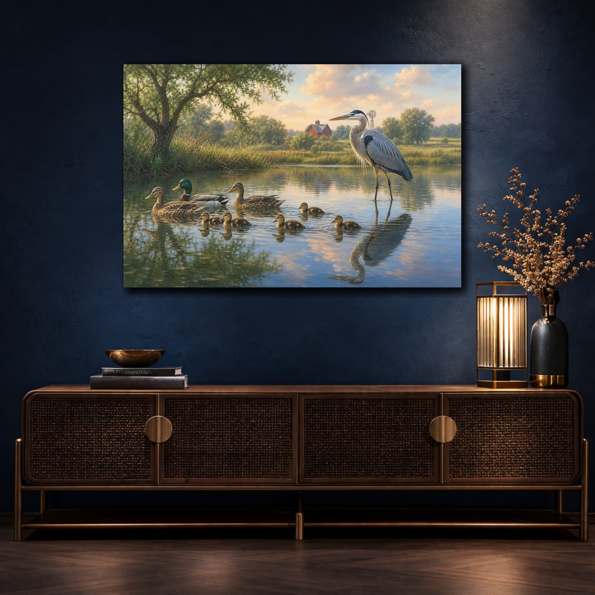 Mockup 4. Animals Ducks, Heron Pond Wildlife Scene shown as canvas print
