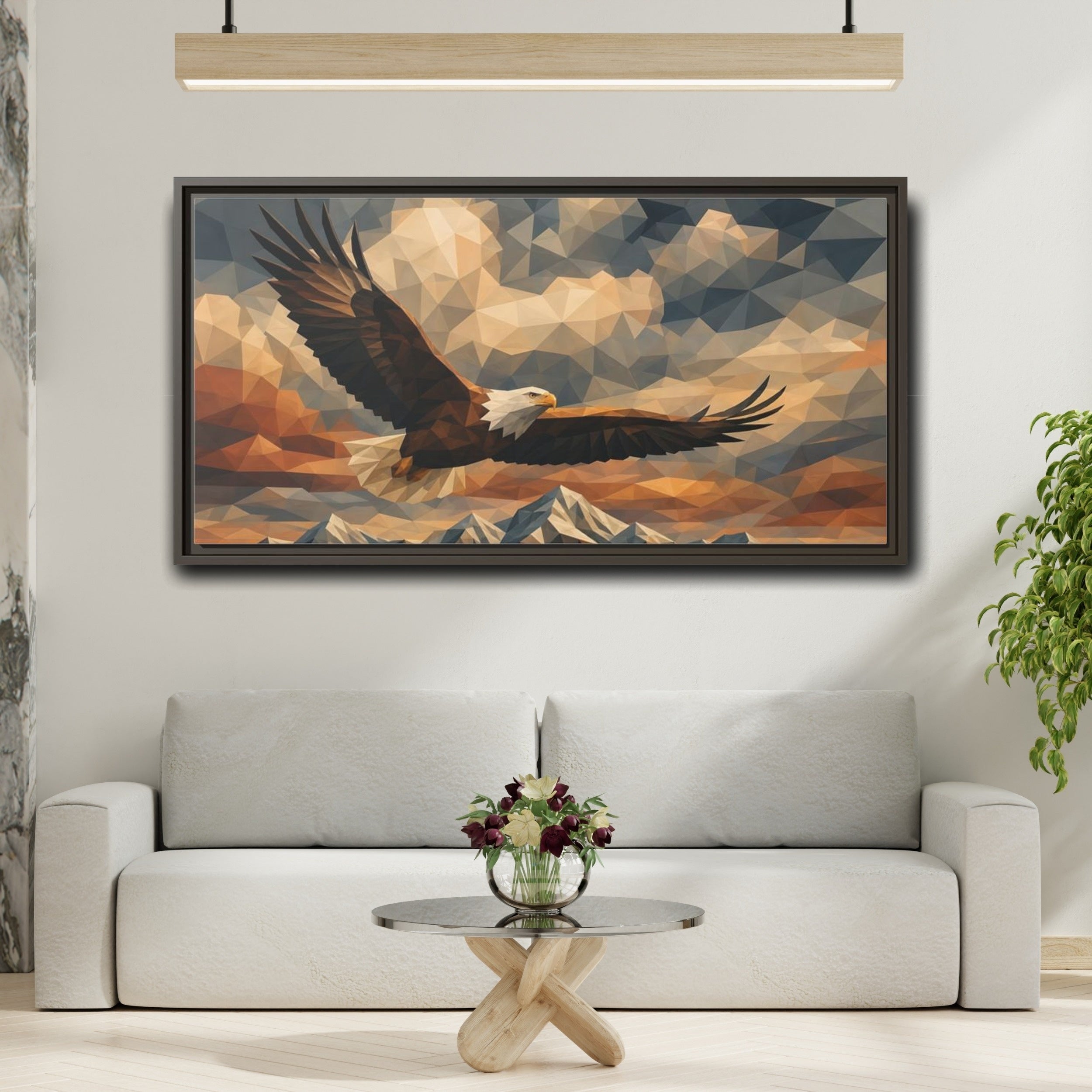 Mockup 2. Animals Eagle Geometric Eagle shown as stretched canvas wall art