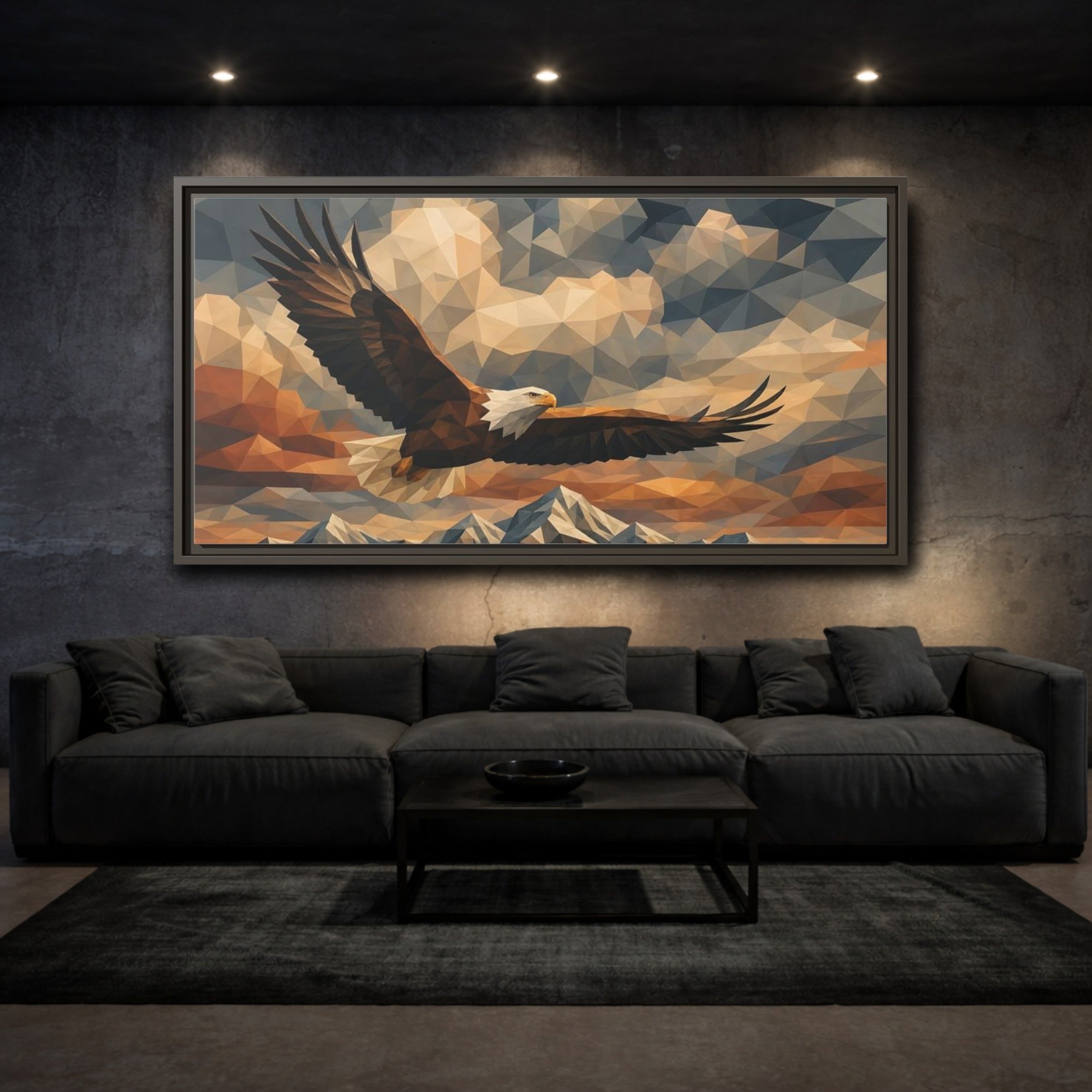 Mockup 3. Animals Eagle Geometric Eagle shown as stretched canvas wall art