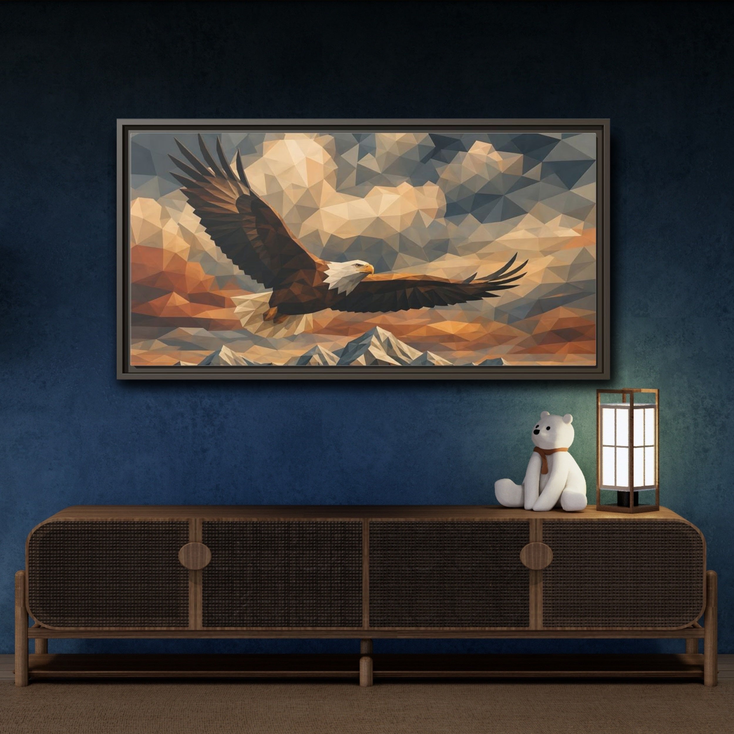 Mockup 4. Animals Eagle Geometric Eagle shown as stretched canvas wall art
