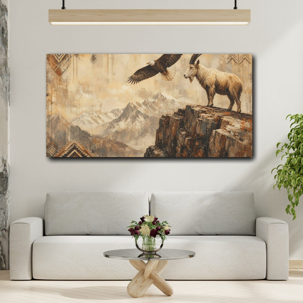 Mockup 2. Animals Eagle Ibex Brown And Beige shown as stretched canvas wall art