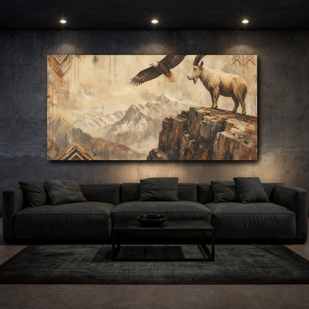 Mockup 3. Animals Eagle Ibex Brown And Beige shown as stretched canvas wall art