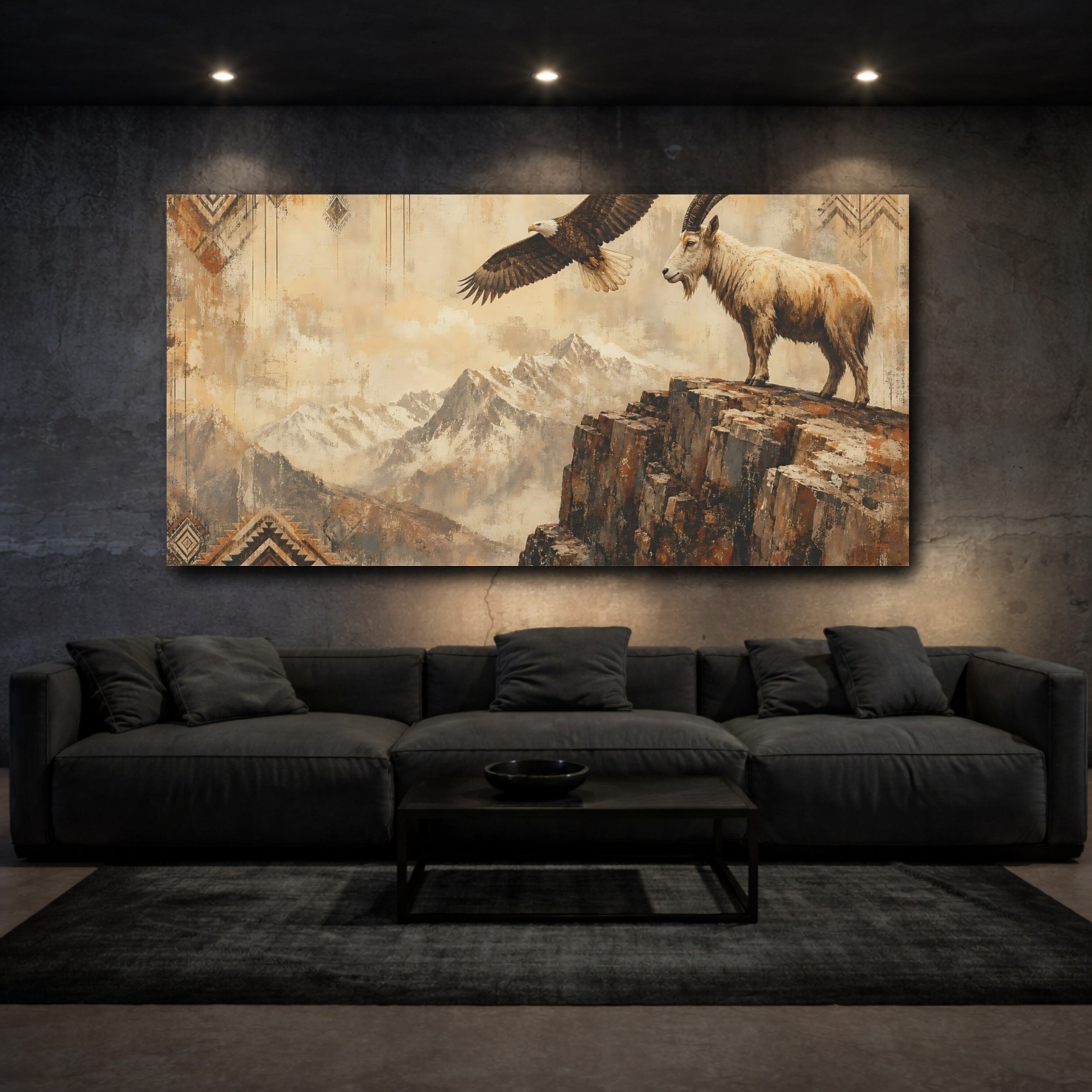 Mockup 3. Animals Eagle Ibex Brown And Beige shown as stretched canvas wall art