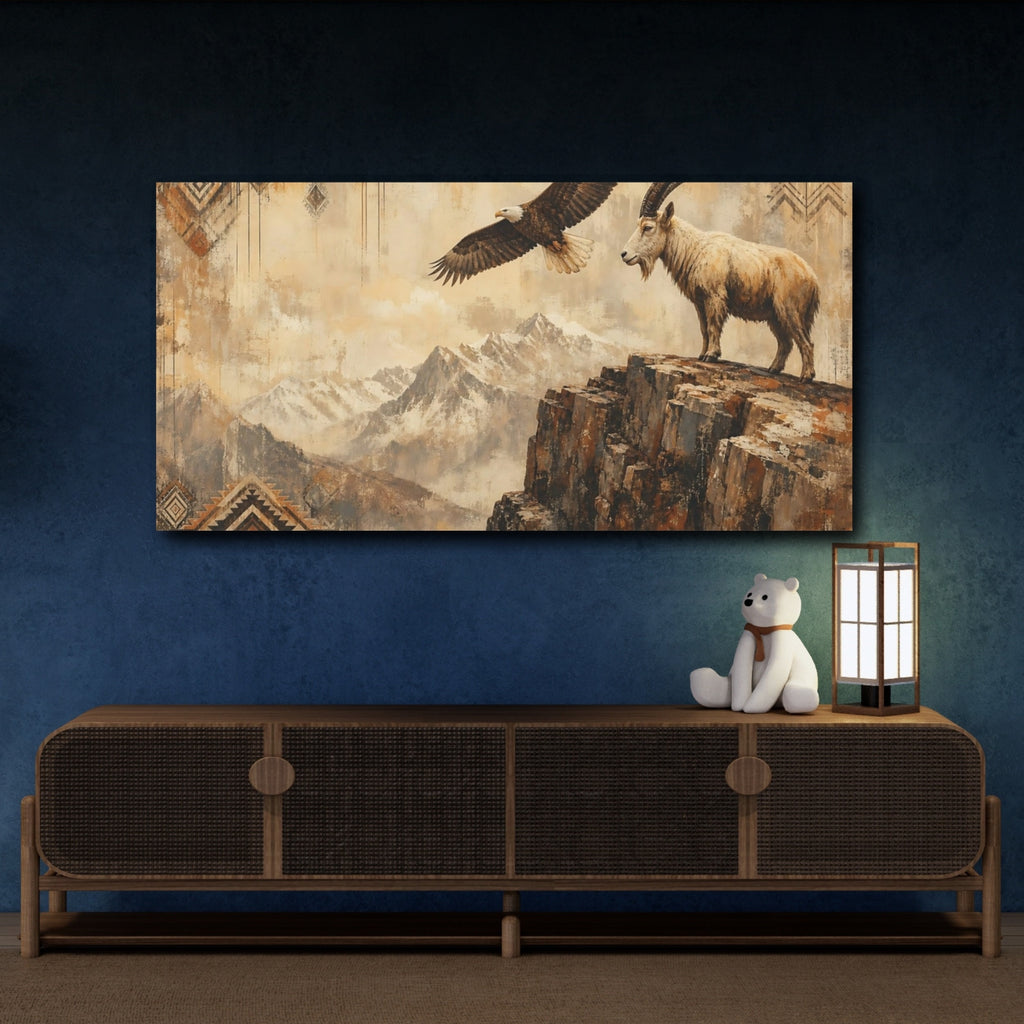 Mockup 4. Animals Eagle Ibex Brown And Beige shown as stretched canvas wall art