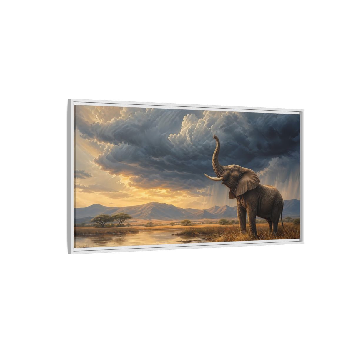 Side Mockup 3. Animals Elephant Brown And Blue shown as stretched canvas wall art
