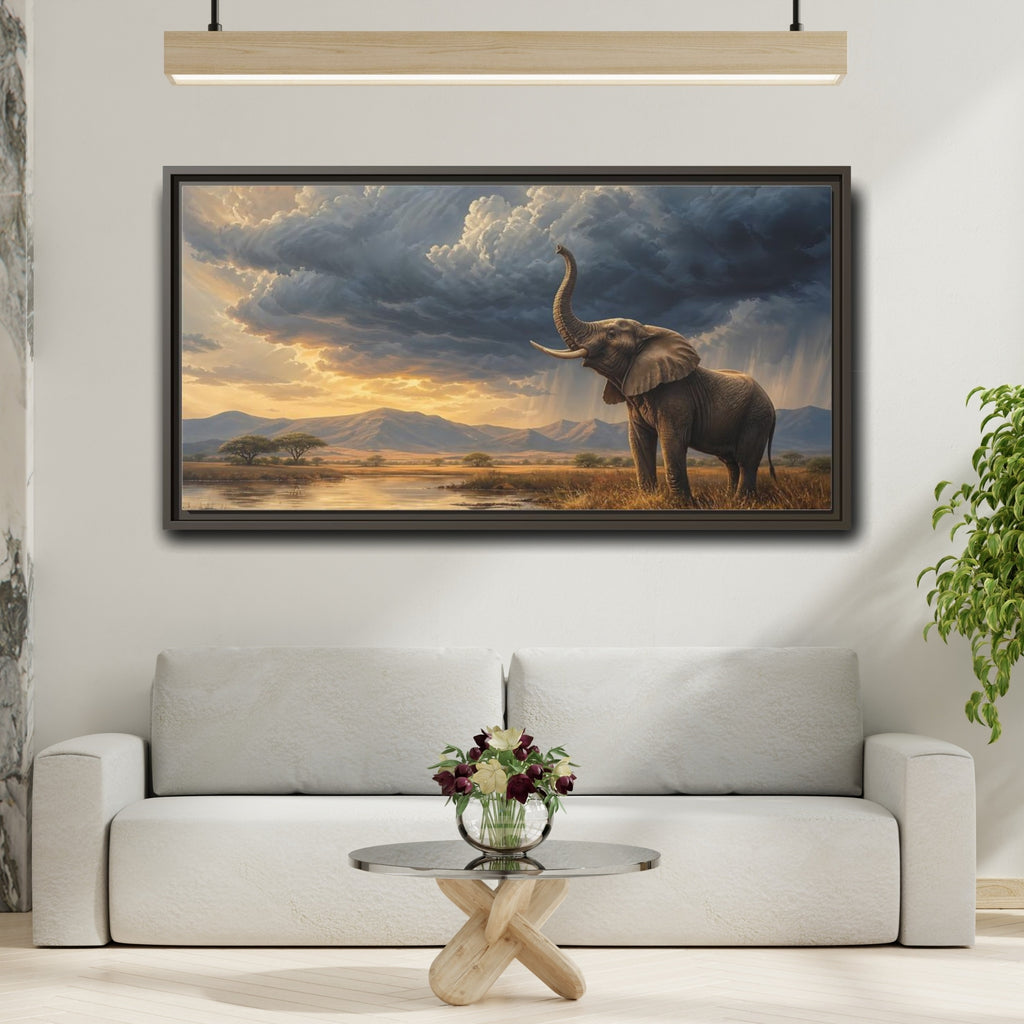 Mockup 2. Animals Elephant Brown And Blue shown as stretched canvas wall art