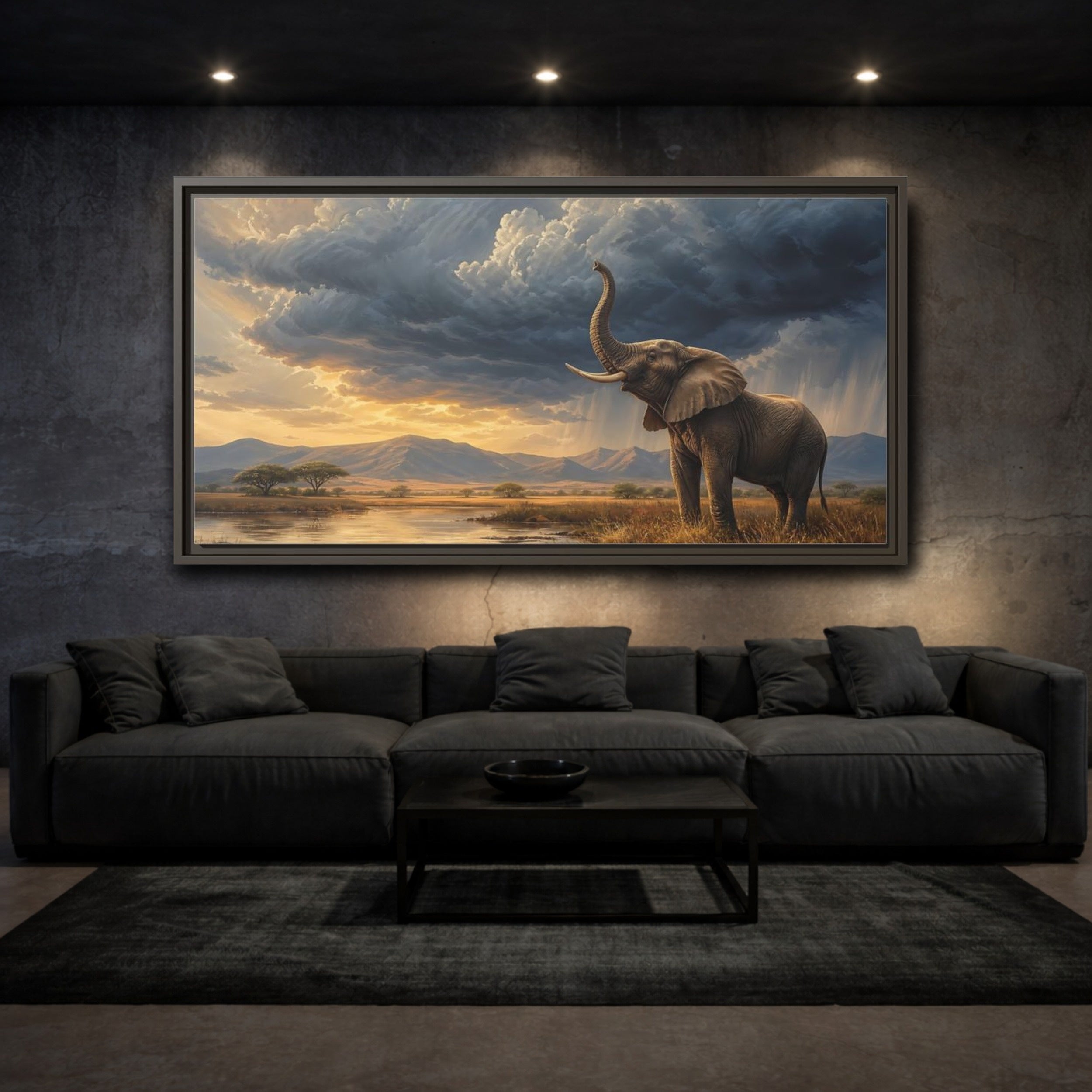 Mockup 3. Animals Elephant Brown And Blue shown as stretched canvas wall art