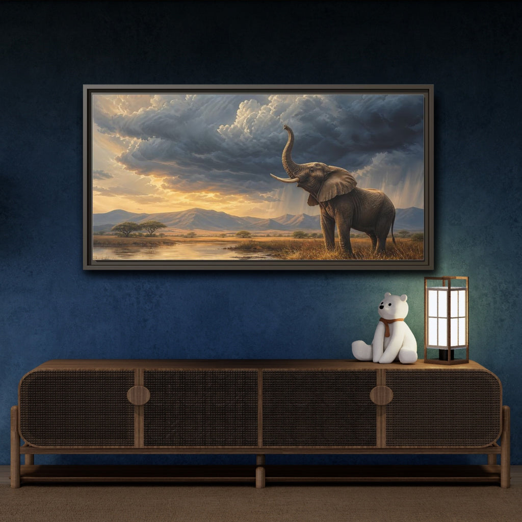 Mockup 4. Animals Elephant Brown And Blue shown as stretched canvas wall art