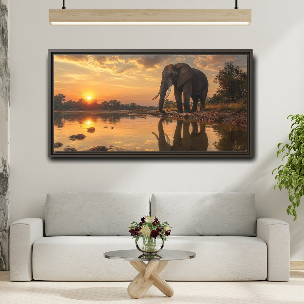 Mockup 2. Animals Elephant Elephant Sunset shown as stretched canvas wall art