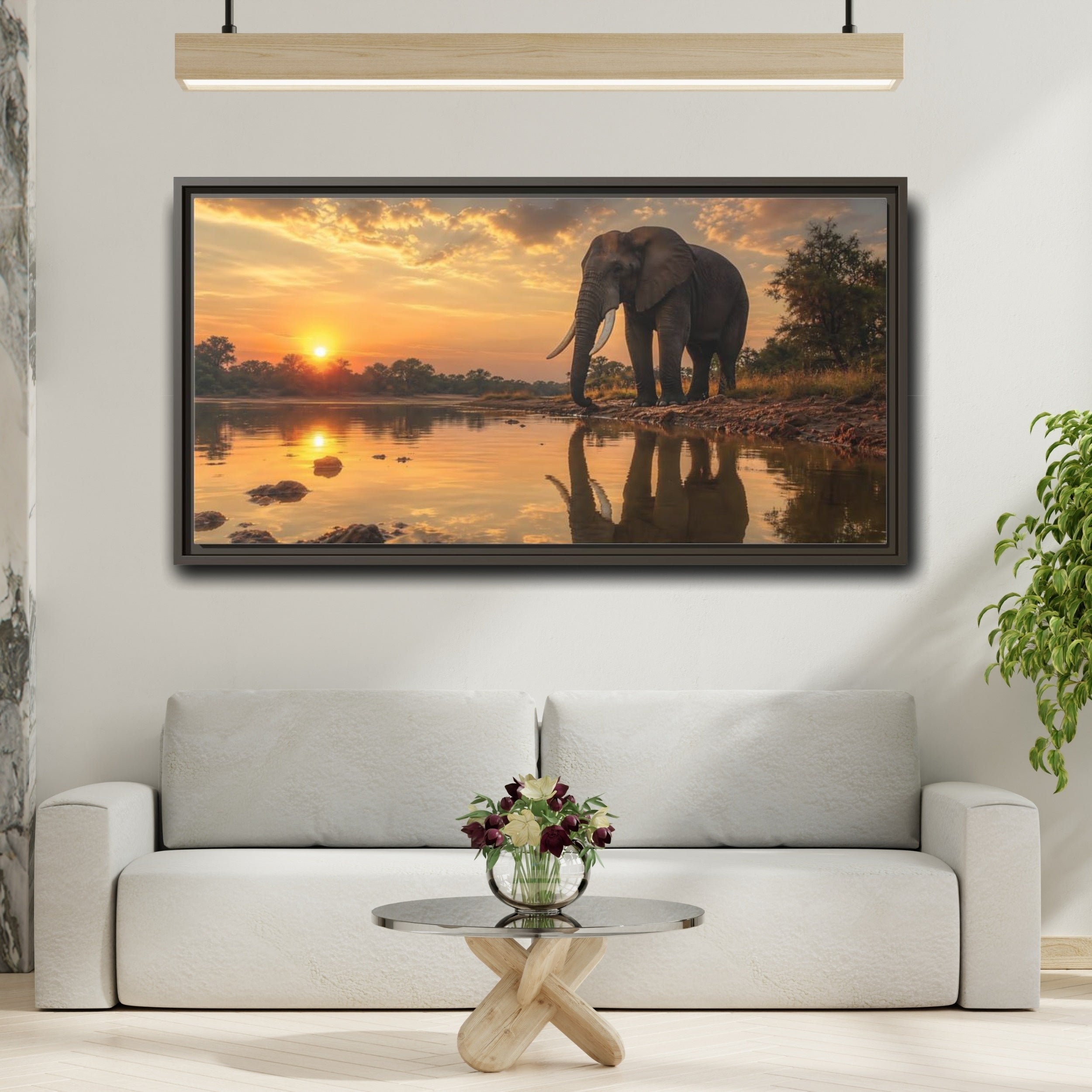 Mockup 2. Animals Elephant Elephant Sunset shown as stretched canvas wall art