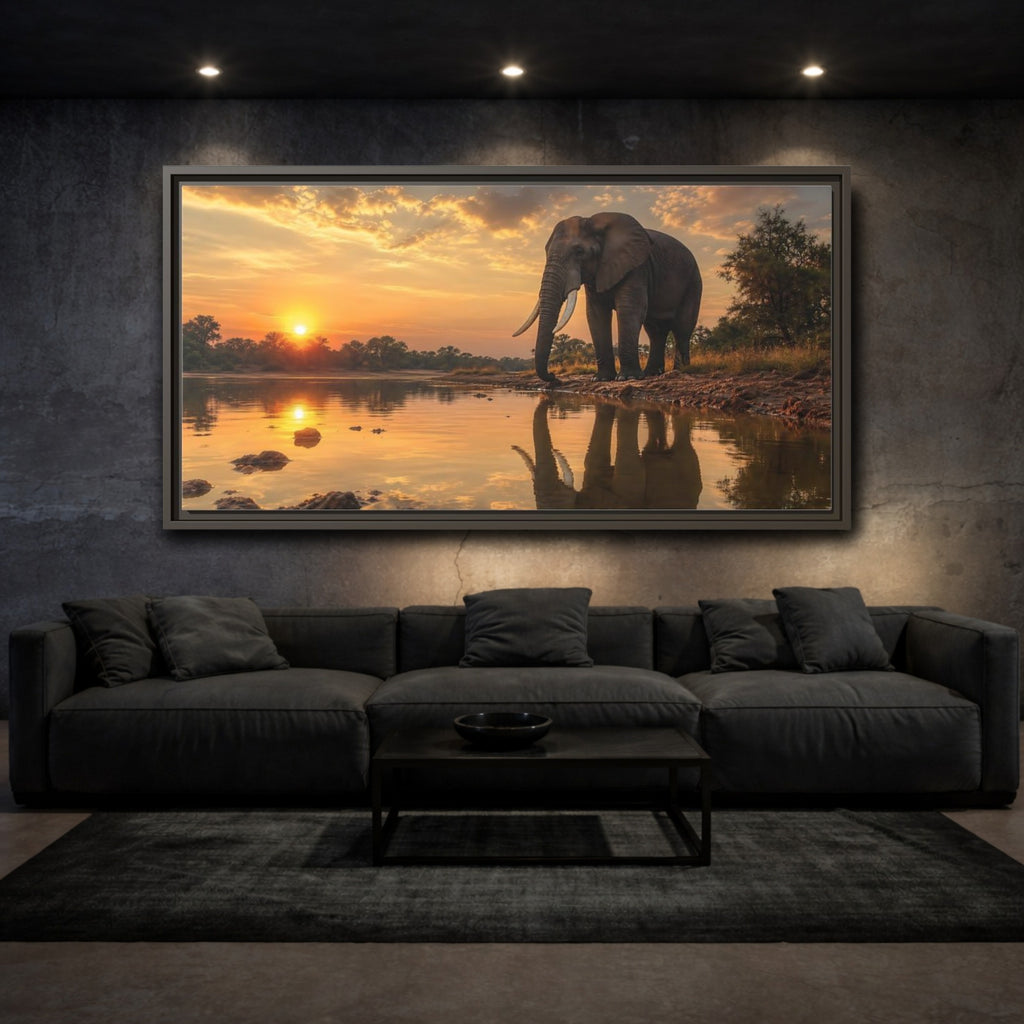 Mockup 3. Animals Elephant Elephant Sunset shown as stretched canvas wall art