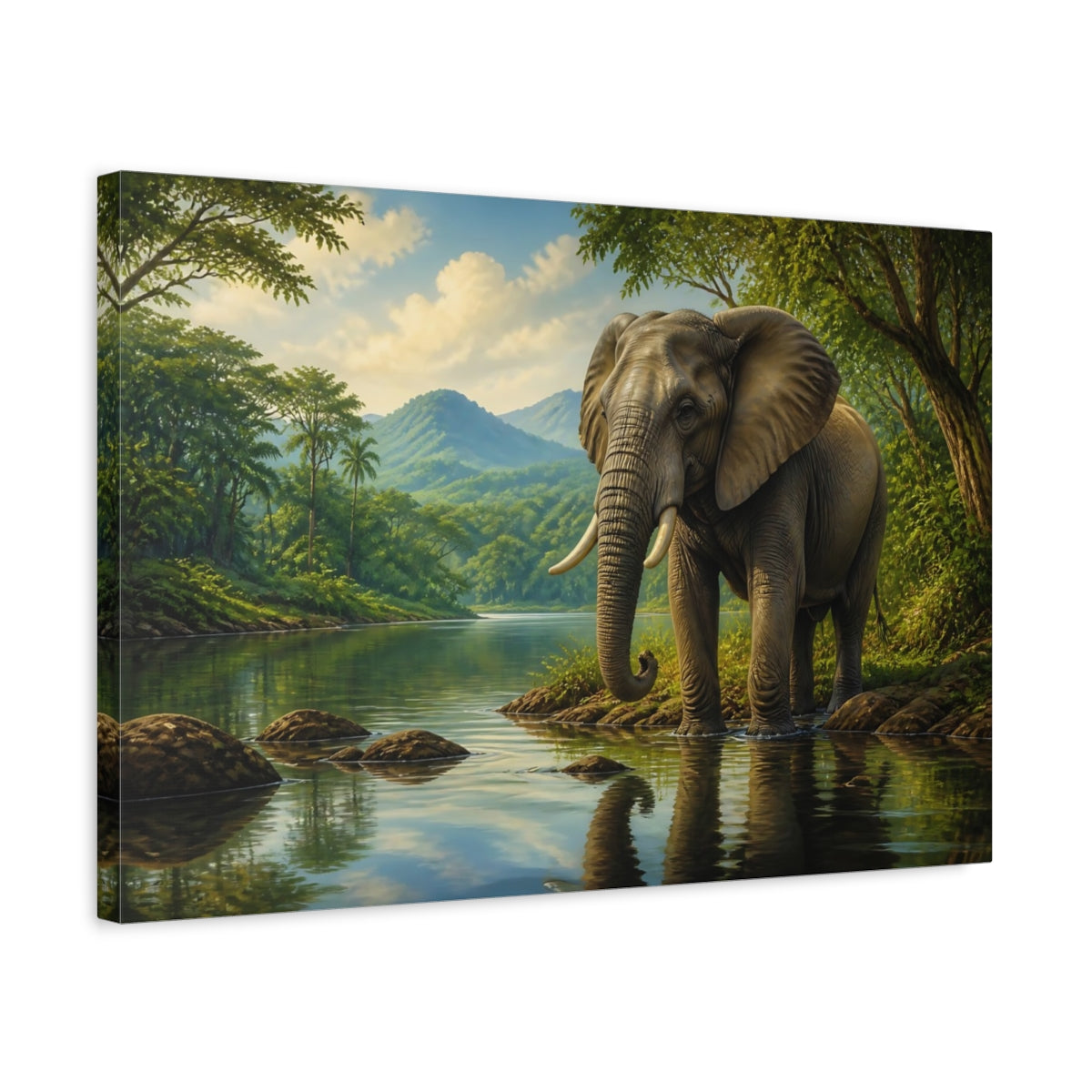 Side Mockup 3. Animals Elephant Green And Brown shown as stretched canvas wall art