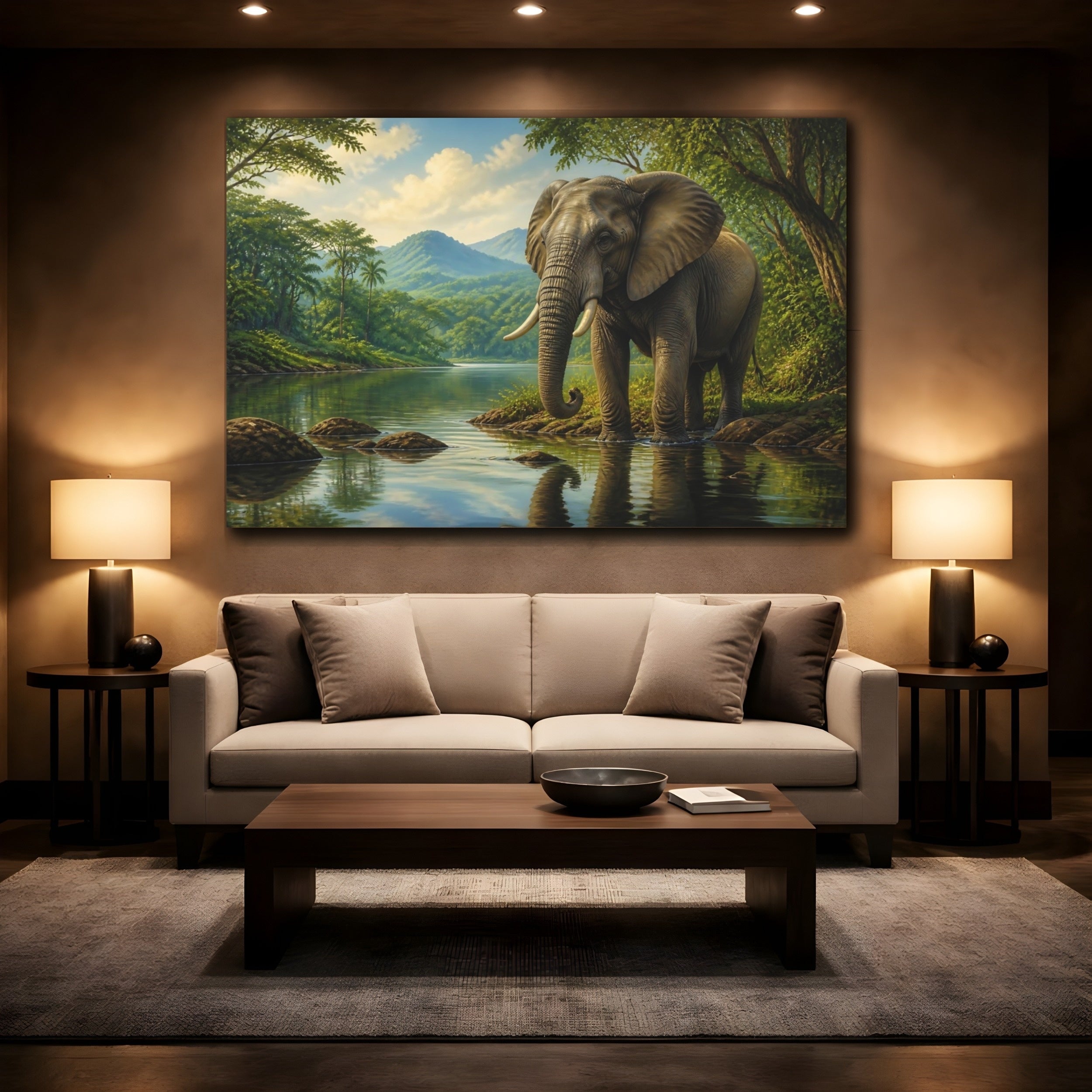 Mockup 2. Animals Elephant Green And Brown shown as stretched canvas wall art