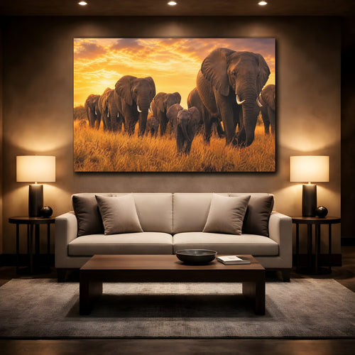Mockup 2. Animals Elephant Herd Elephants Sunset shown as stretched canvas wall art