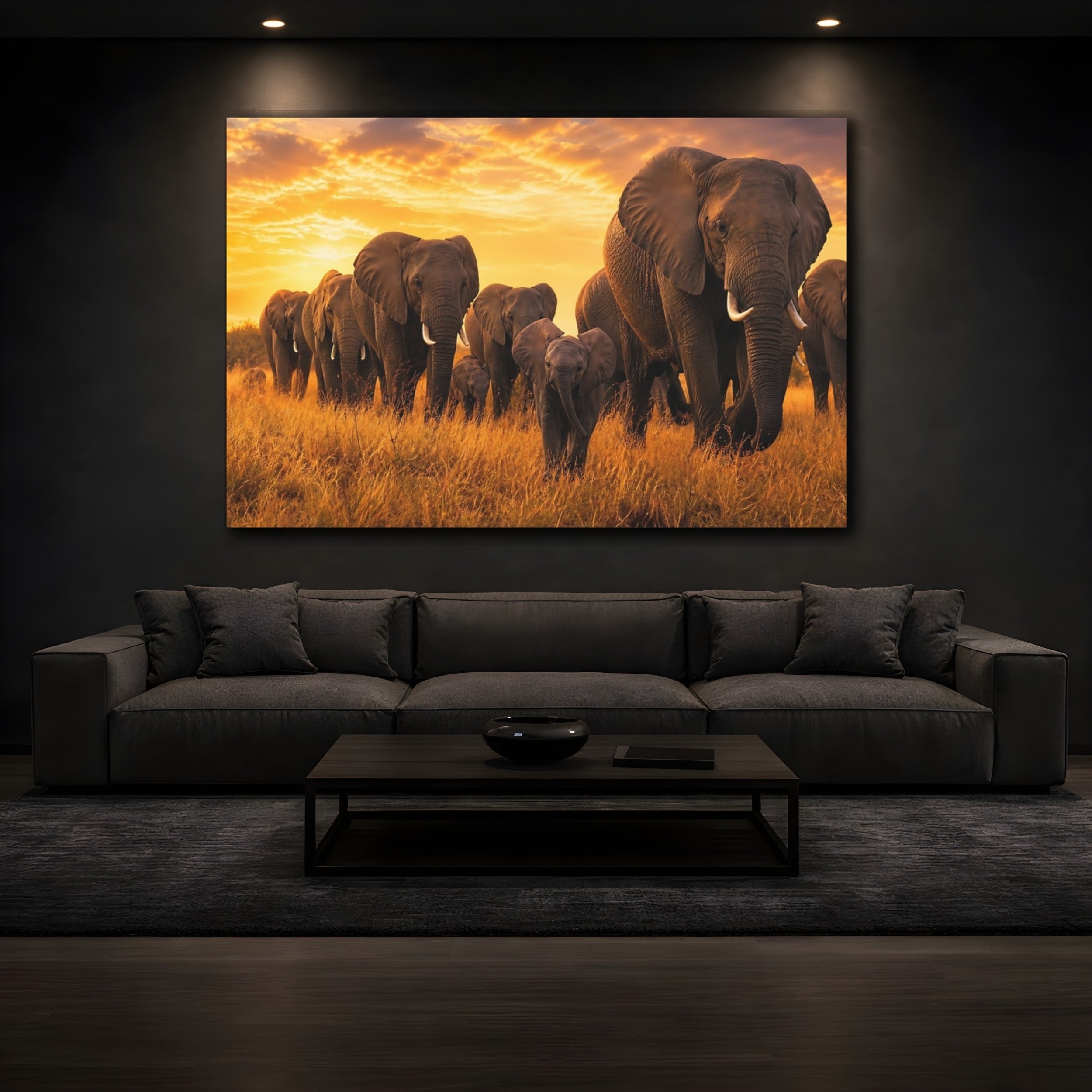 Mockup 3. Animals Elephant Herd Elephants Sunset shown as stretched canvas wall art