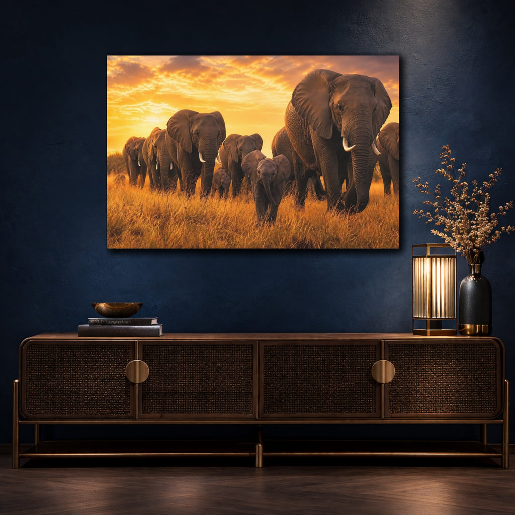 Mockup 4. Animals Elephant Herd Elephants Sunset shown as stretched canvas wall art