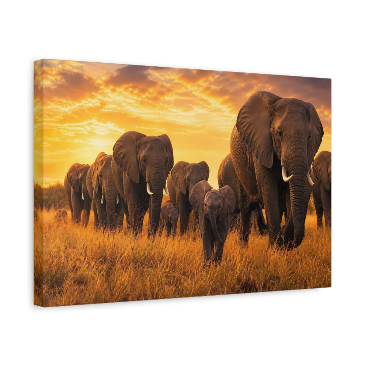 Side Mockup 4. Animals Elephant Herd Elephants Sunset shown as stretched canvas wall art