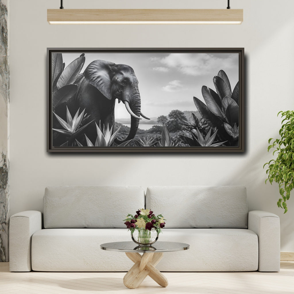 Mockup 2. Animals Elephant Monochrome Elephant shown as stretched canvas wall art