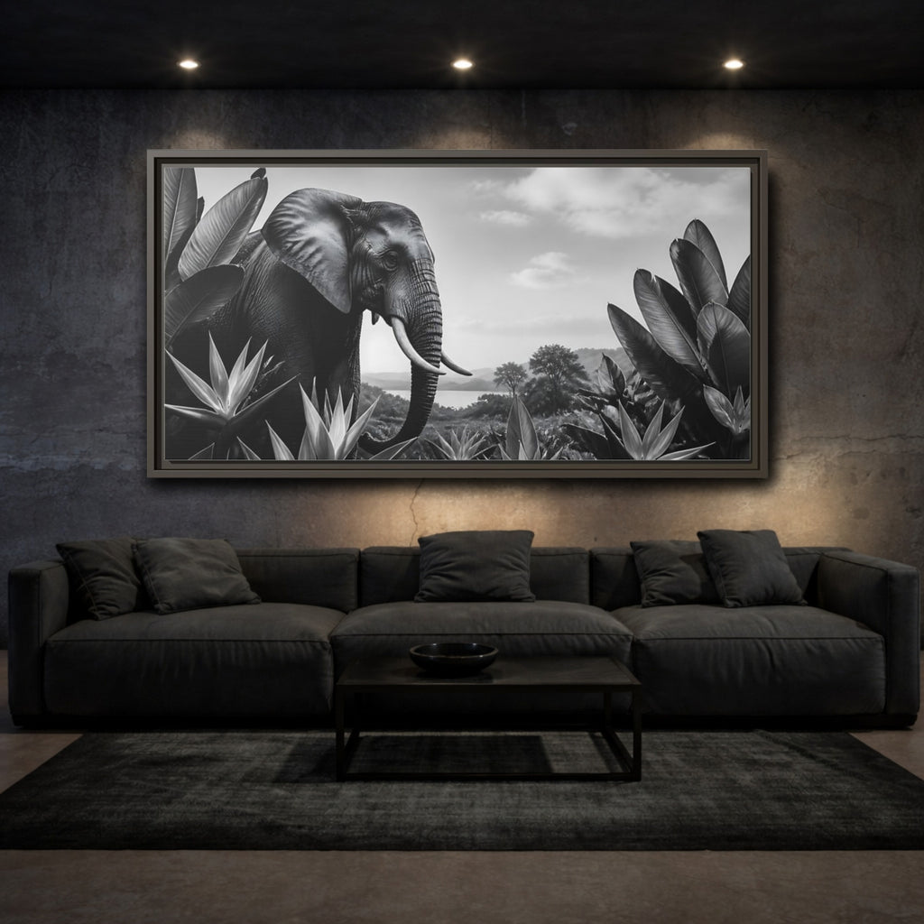 Mockup 3. Animals Elephant Monochrome Elephant shown as stretched canvas wall art