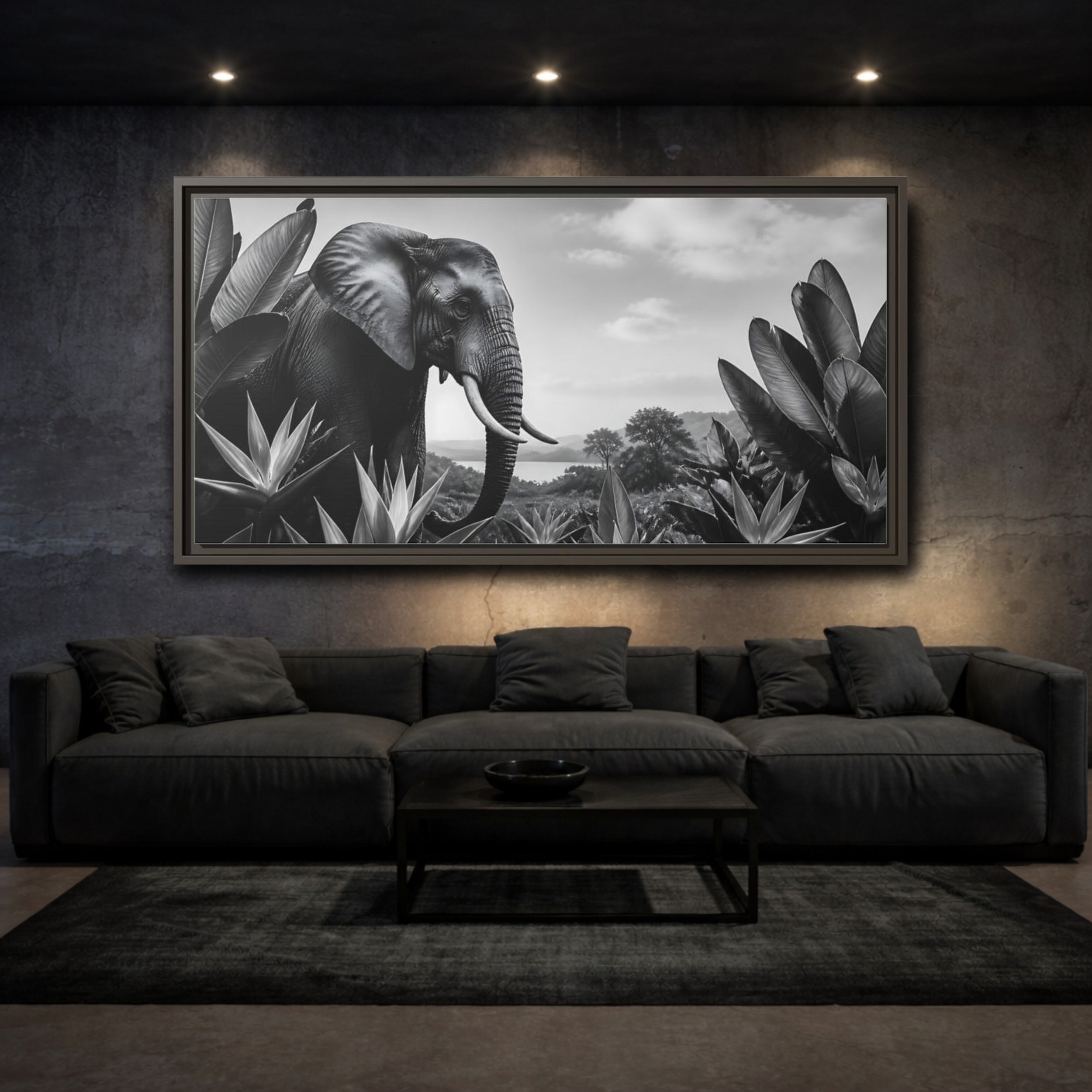 Mockup 3. Animals Elephant Monochrome Elephant shown as stretched canvas wall art