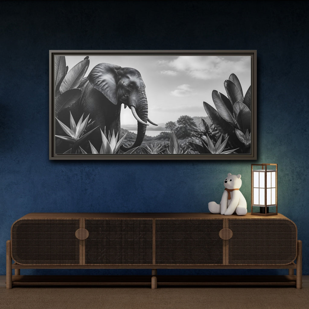 Mockup 4. Animals Elephant Monochrome Elephant shown as stretched canvas wall art