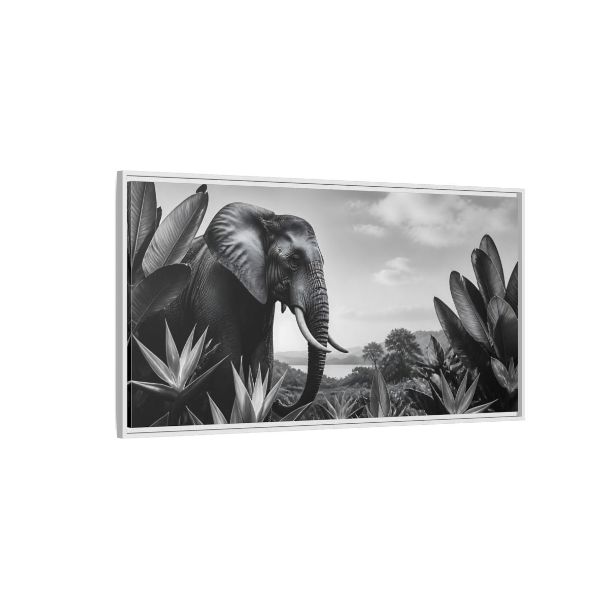 Side Mockup 3. Animals Elephant Monochrome Elephant shown as stretched canvas wall art
