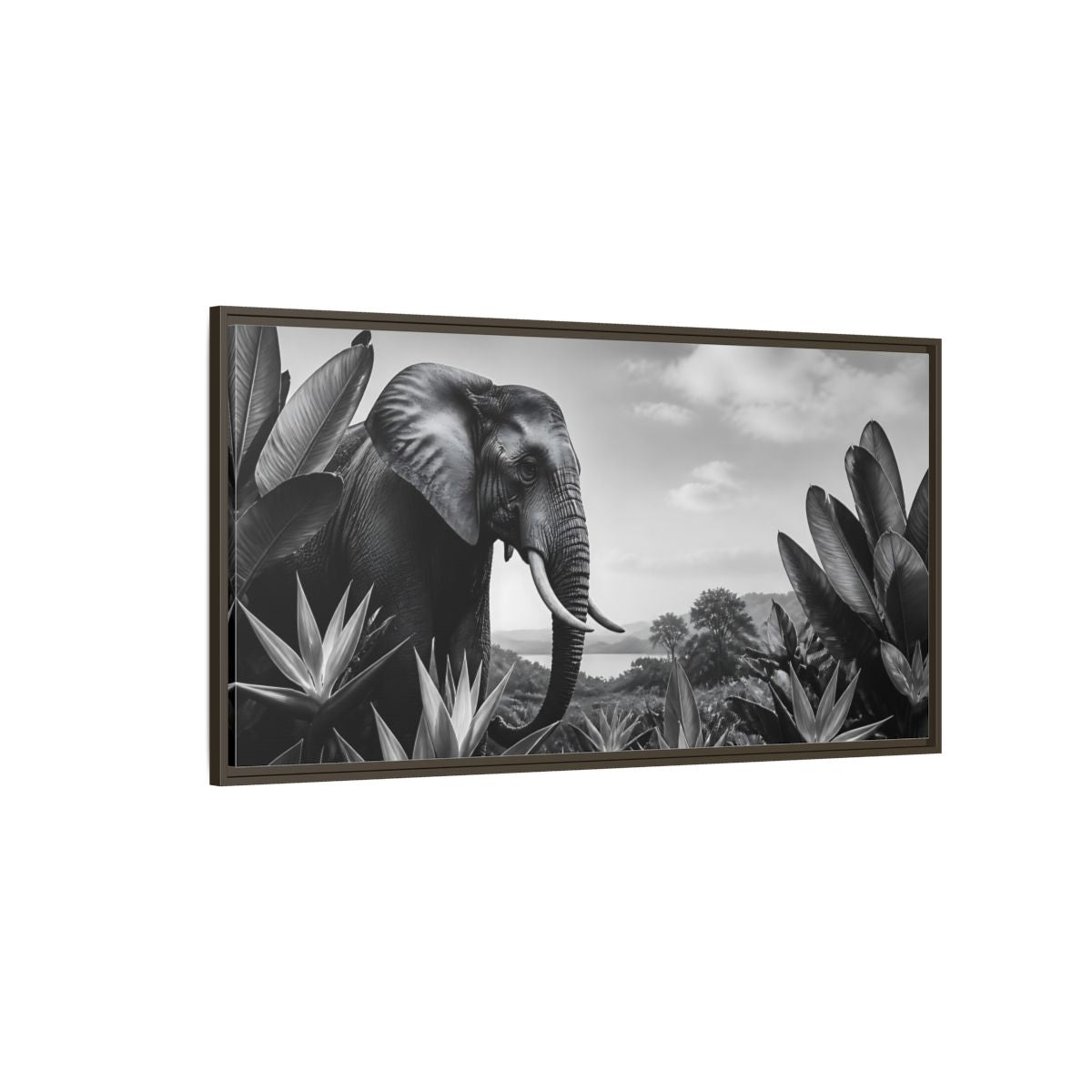 Side Mockup 4. Animals Elephant Monochrome Elephant shown as stretched canvas wall art