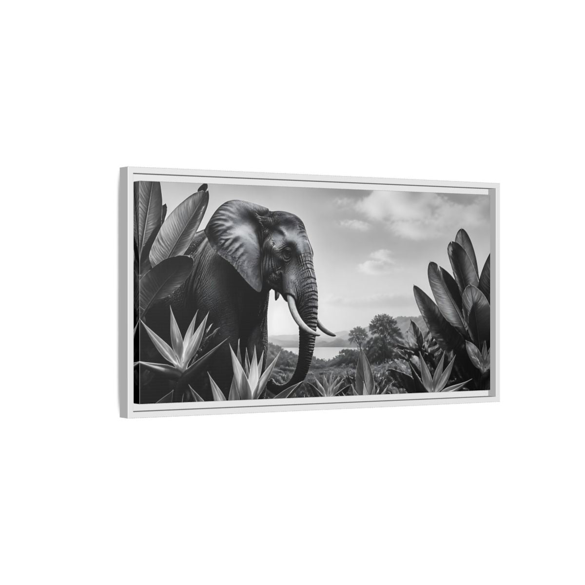 Side Mockup 1. Animals Elephant Monochrome Elephant shown as stretched canvas wall art
