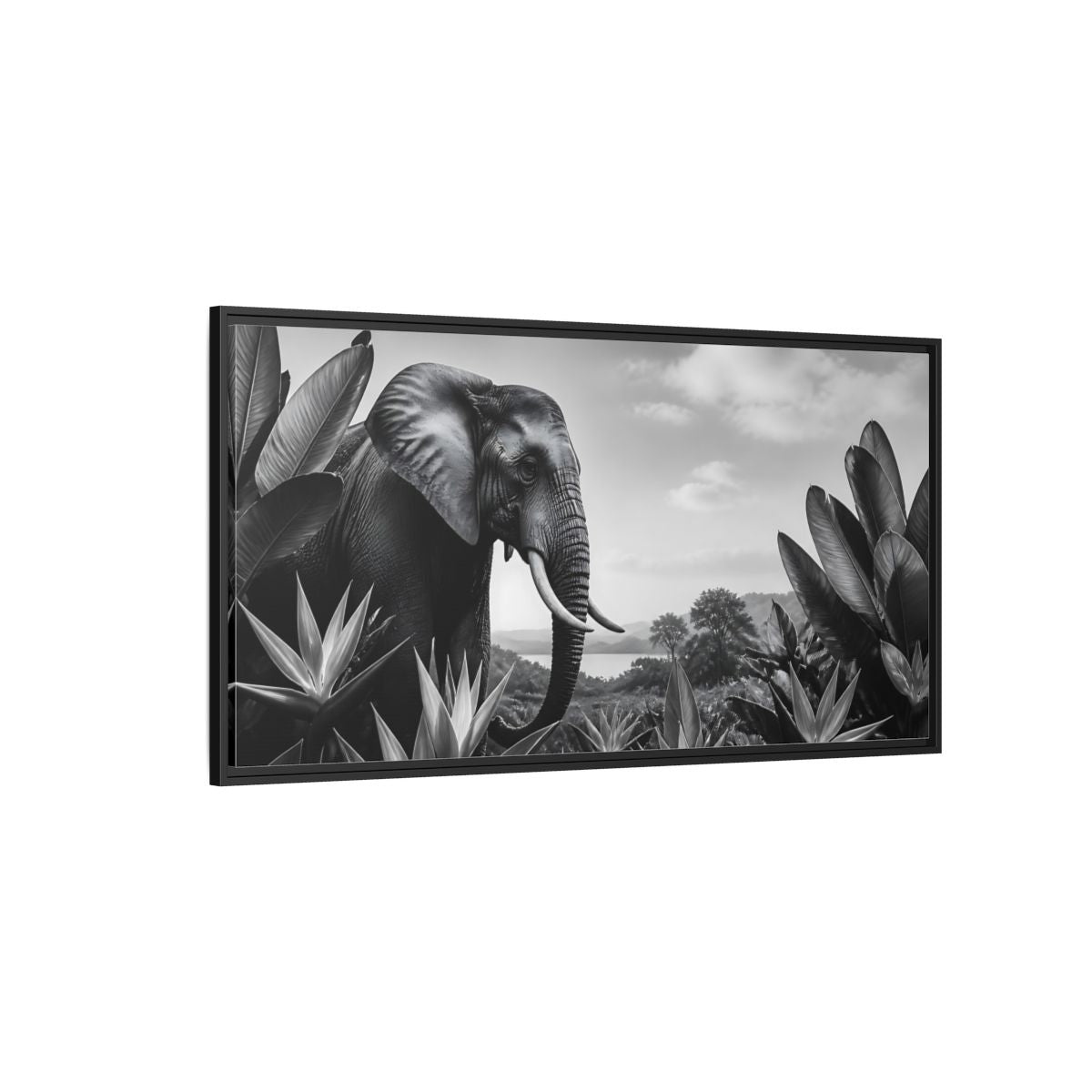 Side Mockup 5. Animals Elephant Monochrome Elephant shown as stretched canvas wall art